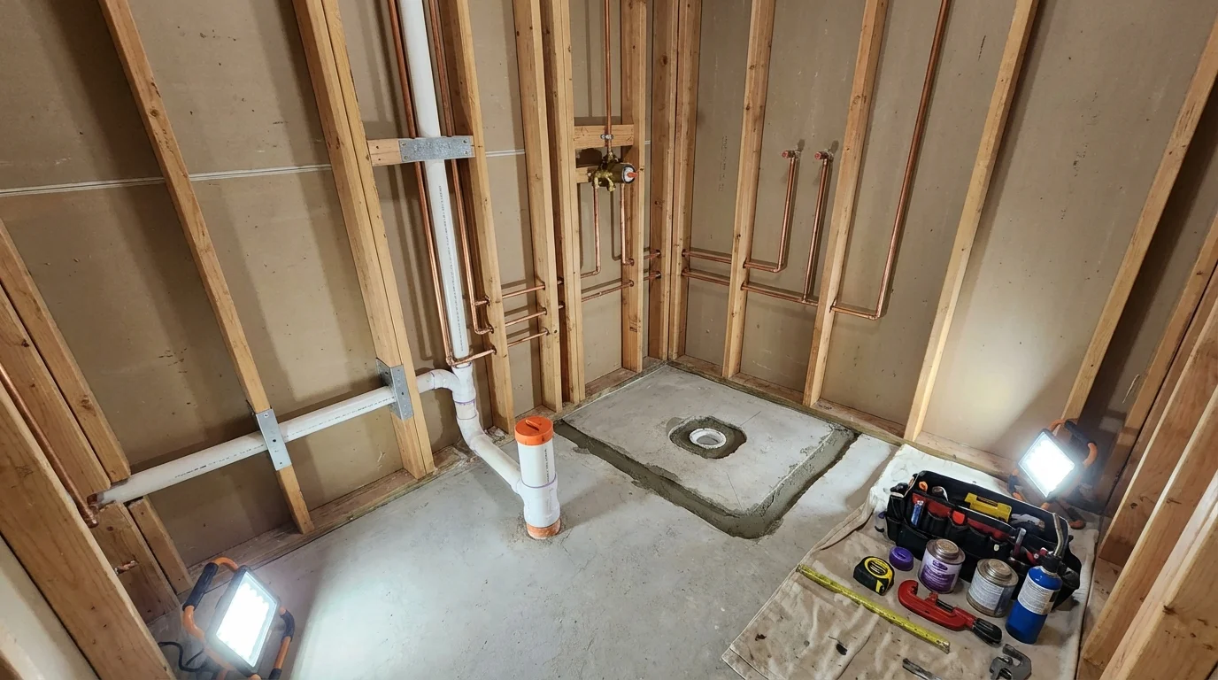 Bathroom rough-in plumbing during remodel by Johns Plumbing LLC in West Fargo