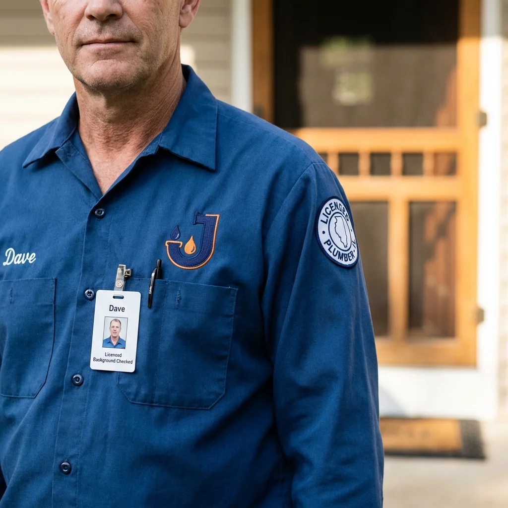 Licensed plumber showing ID badge in West Fargo, ND