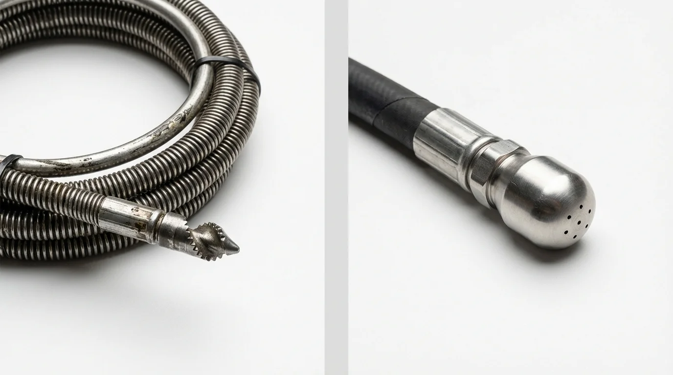 Drain snake cable and hydro jetting nozzle used for drain cleaning in West Fargo, ND