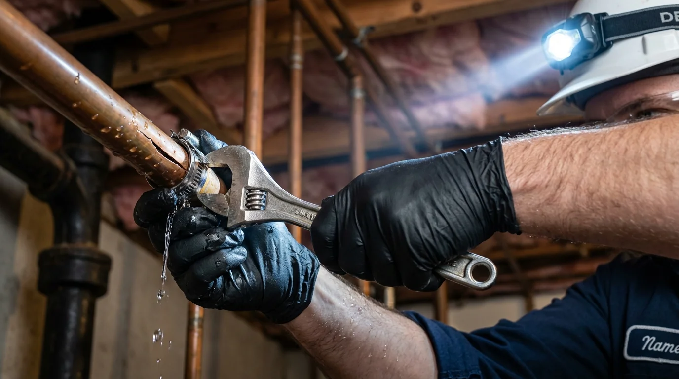 Emergency pipe clamp repair being performed by a Johns Plumbing LLC plumber in West Fargo