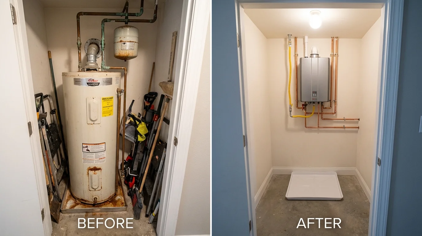 Tank water heater versus wall-mounted tankless unit comparison for West Fargo, ND homeowners