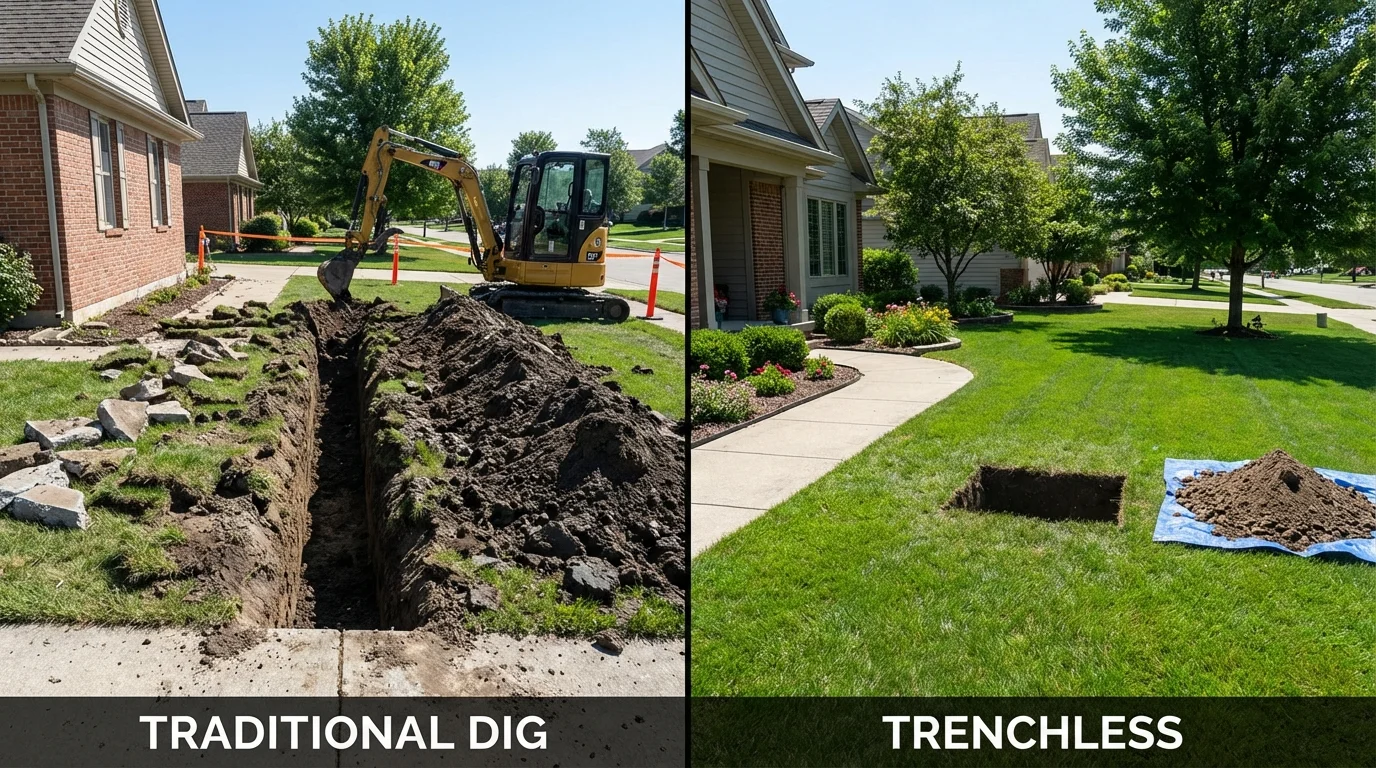 Trenchless sewer repair with minimal yard damage versus traditional excavation in West Fargo, ND