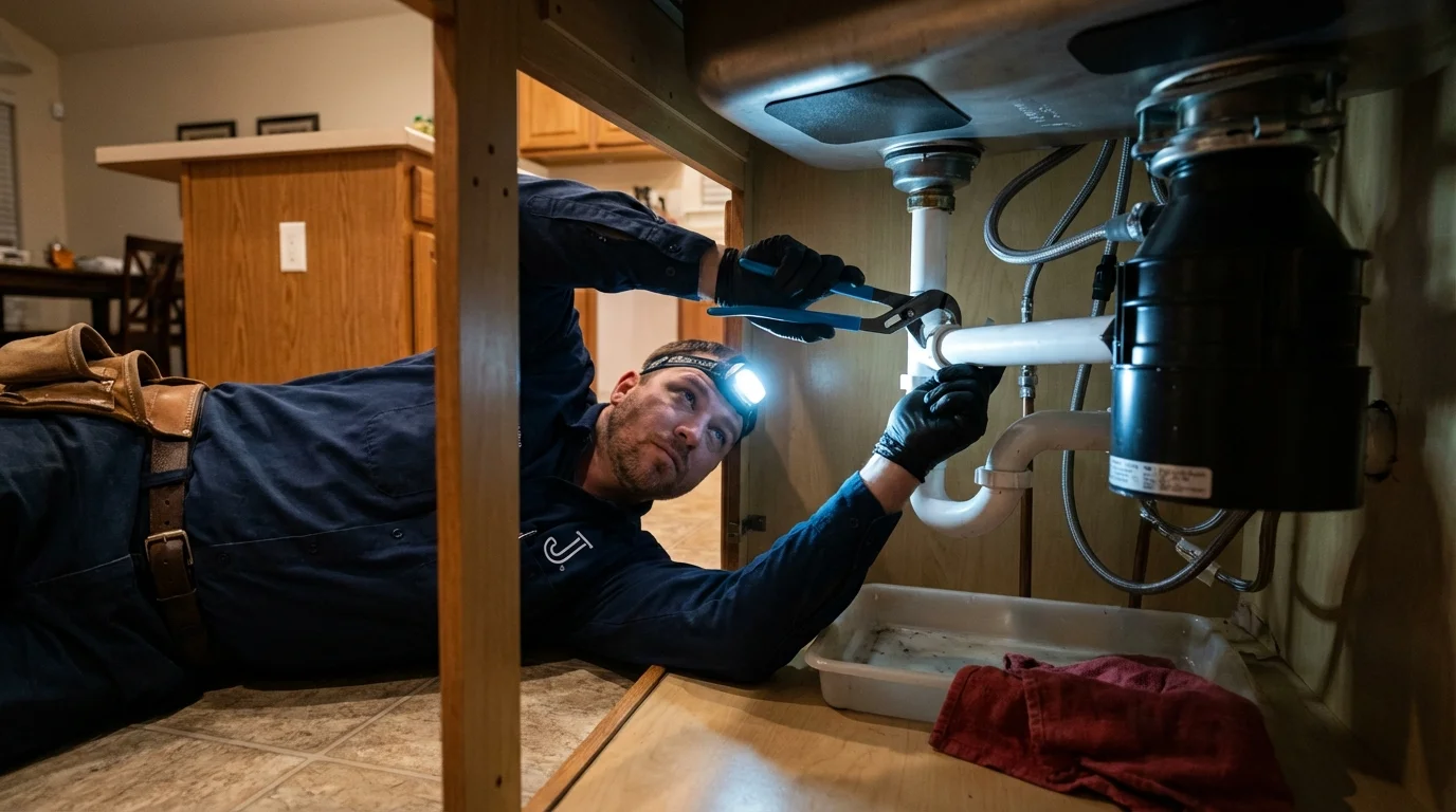 P-trap and supply line connections under a kitchen sink showing a common leak point in West Fargo, ND